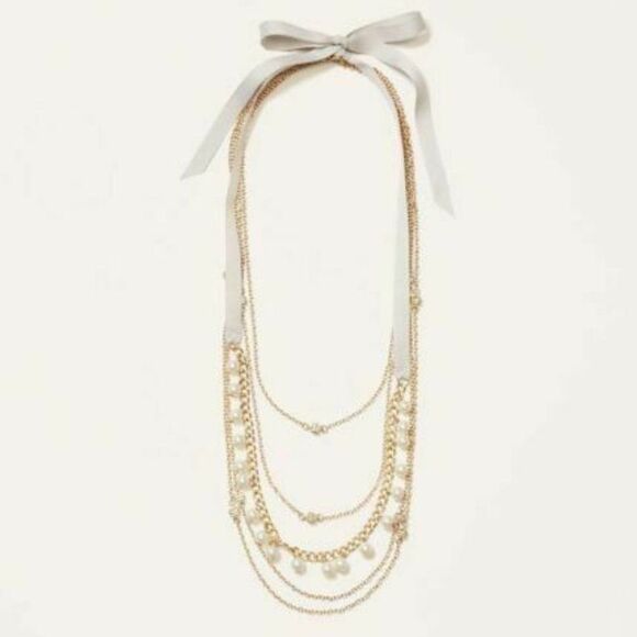 ANN TAYLOR LOFT PEARLIZED Mulit Layer ribbon and Pearl NECKLACE NWT 44 - Picture 1 of 3